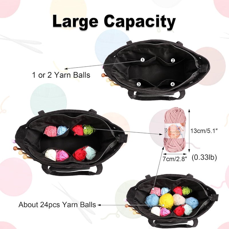 LOOEN Crochet Bag Organizer, Large Capacity Yarn Storage Bag, Portable Corduroy Knitting Bag And Totes for Travel, Used to Organize Yarn, Crochet Hooks, Ideal Gift for Crochet Lovers(Black) - Image 3